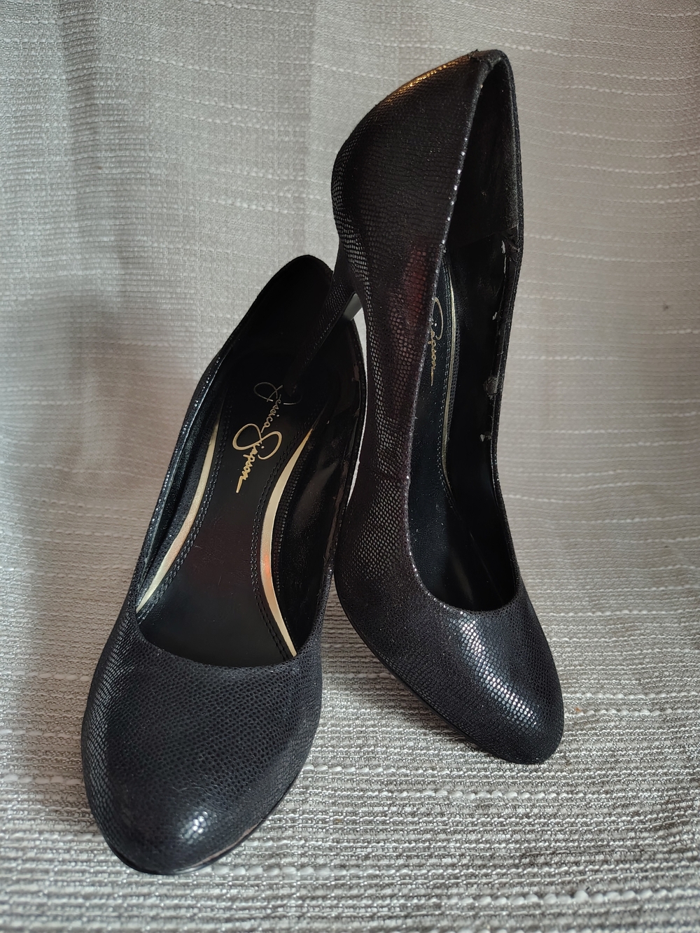 Jessica Simpson Black Embossed Snake Print Pumps Leather Sole Heels Size 7.5